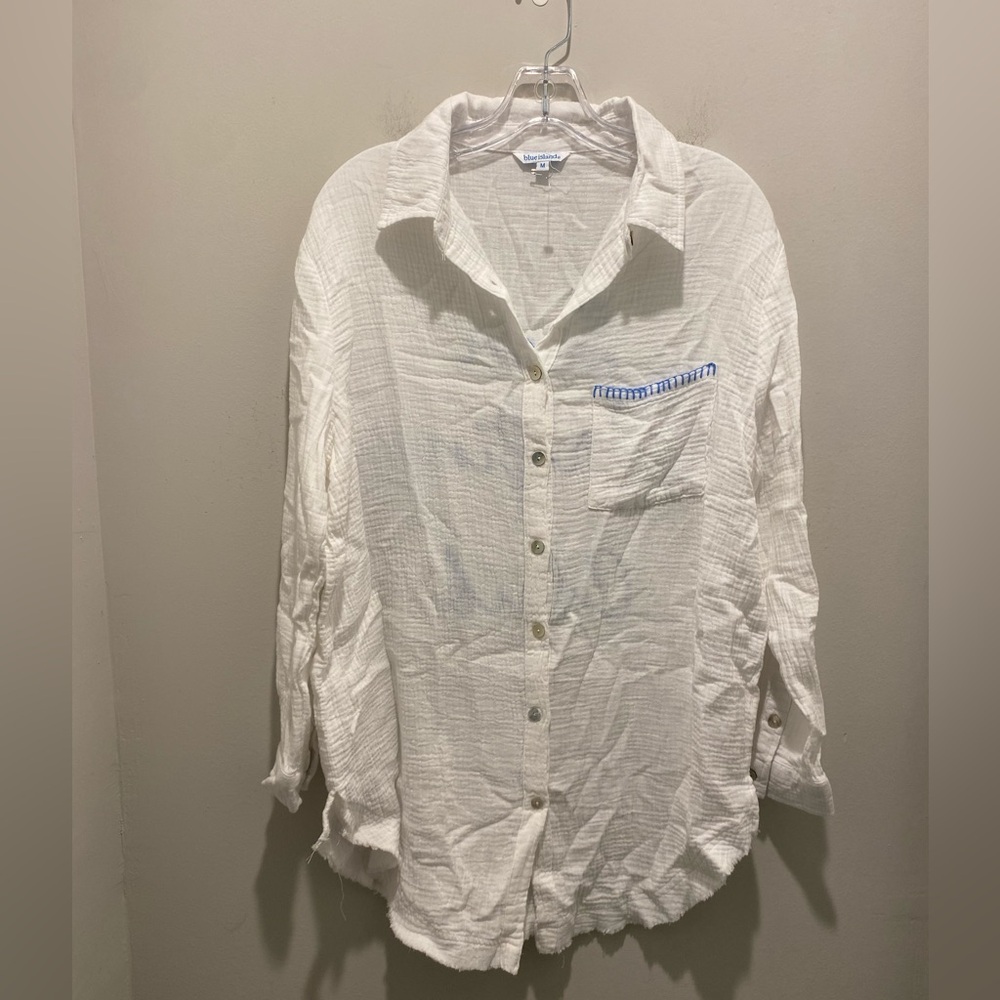 Blue Island Button Down Cotton Shirt White Sun Surfing Club Women's Size M NWOT